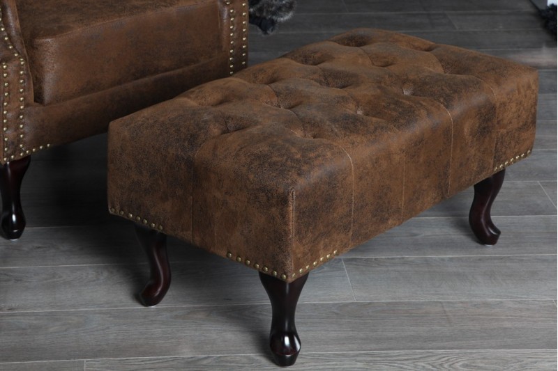 Pouf CHESTERFIELD marron antique en microfibre / bois massif