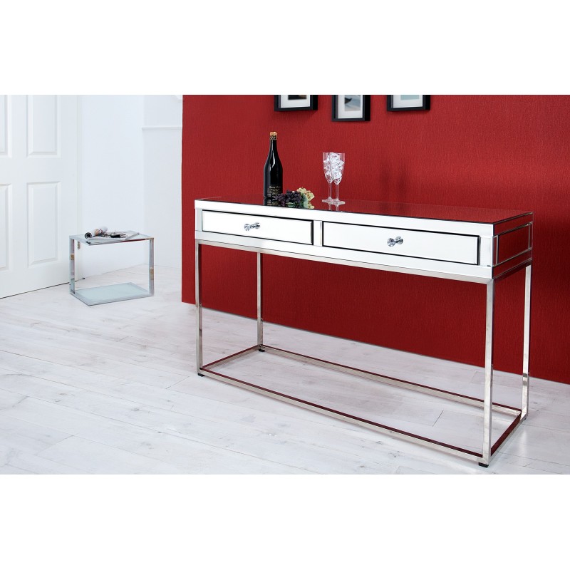 Console 130 cm alliant le verre miroir et acier chromé