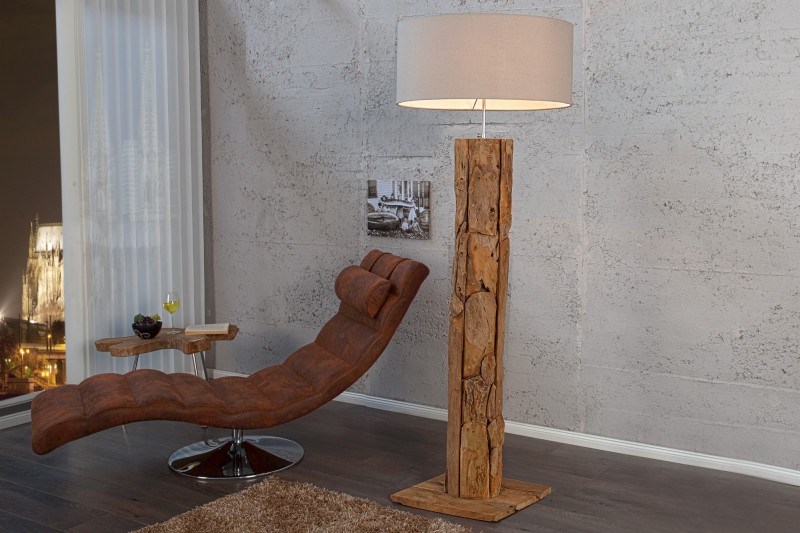 Lampadaire de 160cm en bois flotté brute et lin sablé