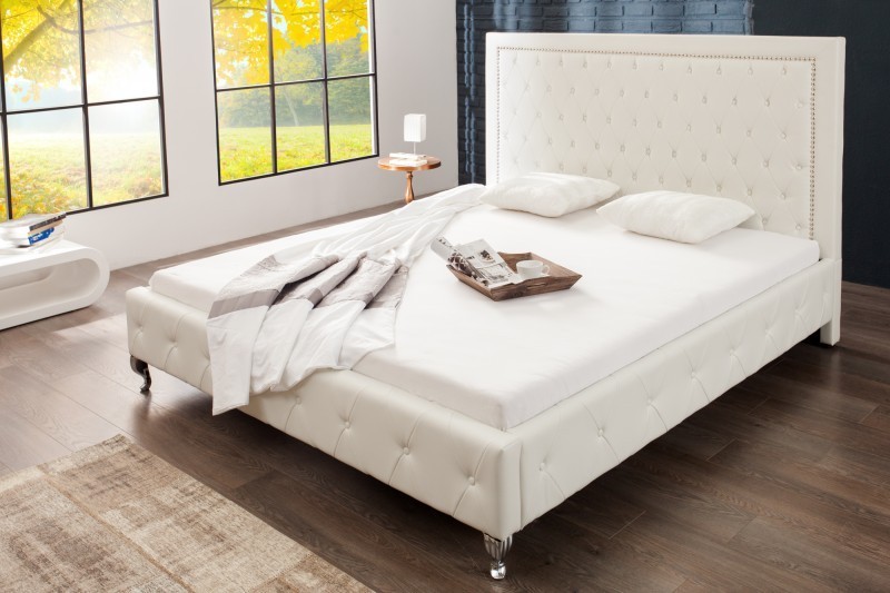 Lit adulte de 180x200 cm design capitonné en simili cuir coloris blanc