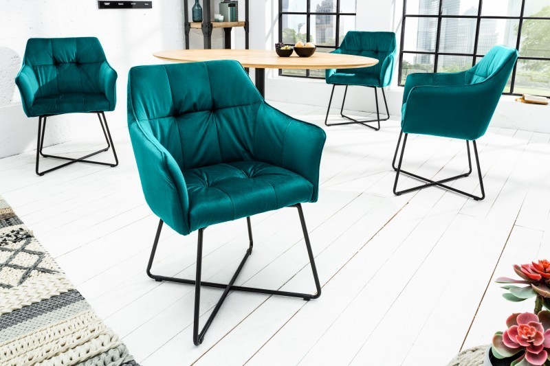 Chaise rembourrée avec accoudoirs LOFT  velours turquoise| pieds en métal gris argenté