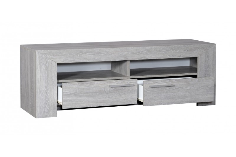 Meuble TV design à 2 tiroirs et 2 niches en bois coloris gris clair