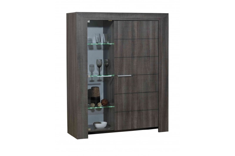 Meuble de rangement 1 porte teinté marron avec vitrine