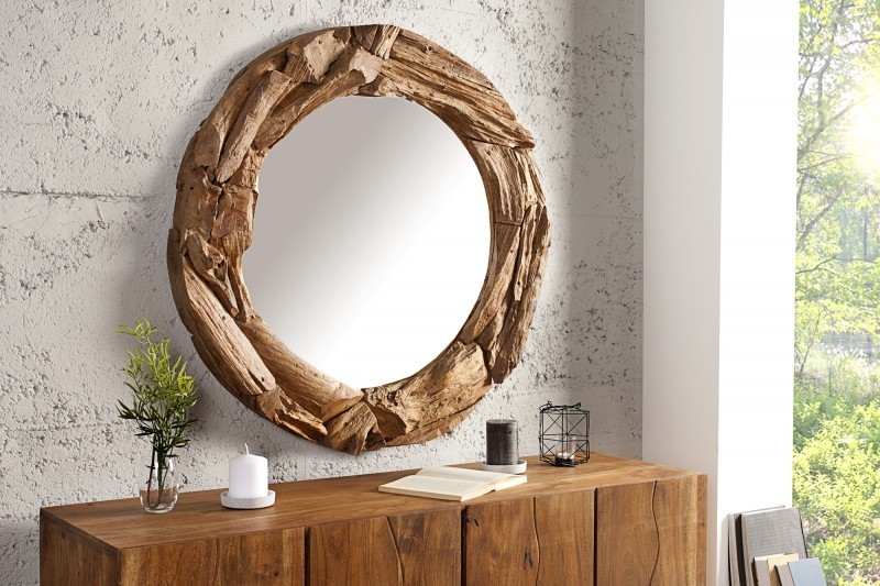 Miroir mural rond en bois massif