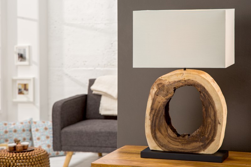 Lampe à poser design en bois de teck et toile coloris crème