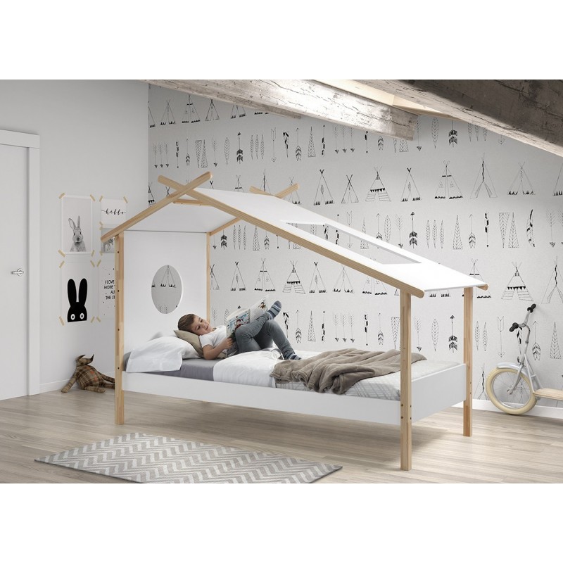 Lit cabane 90x200 design scandinave teinté blanc laqué