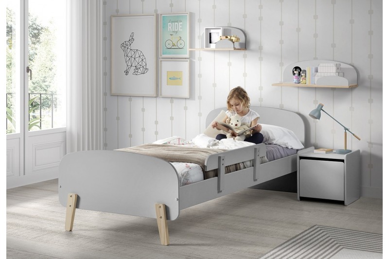 Lit d'enfant avec barrière + chevet coloris gris