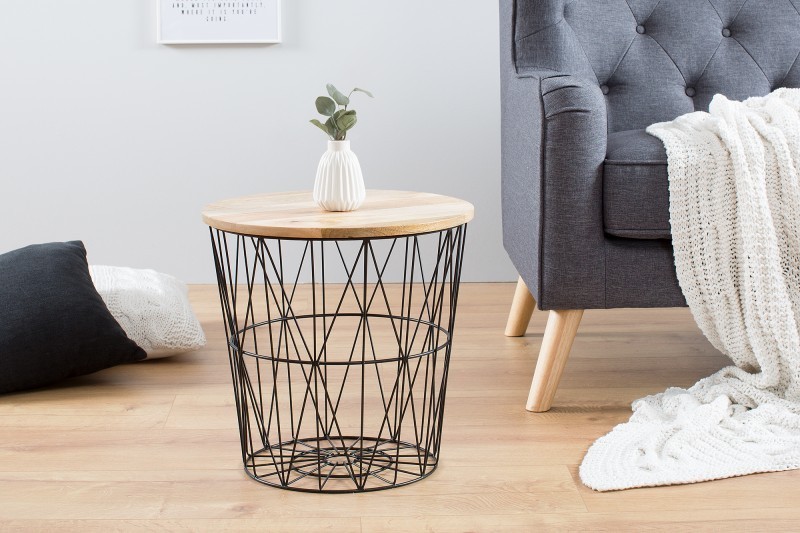 Lot de 2 tables d'appoint design cage de 42cm coloris noir avec plateau amovible naturel