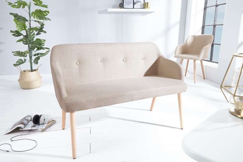 Banc design scandinave en tissu avec pieds en bois massif