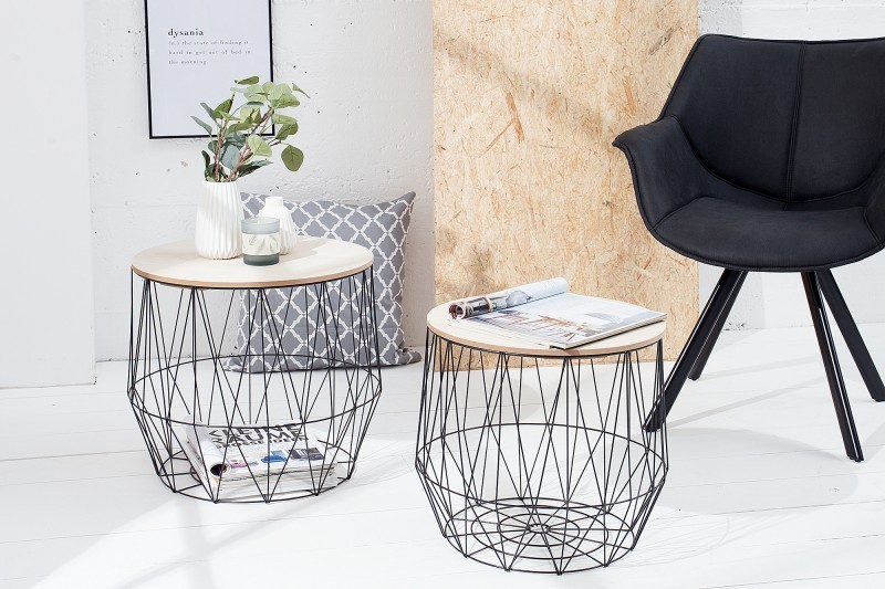 Lot de 2 tables d'appoint design cage coloris noir avec plateau rond coloris chêne