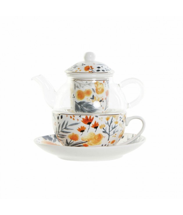 Teapot DKD Home Decor Crystal Porcelain Blue Orange White Flowers (250