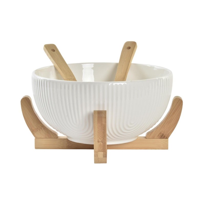 Salad Bowl DKD Home Decor Natural Porcelain White Bamboo 3 Pieces (27 